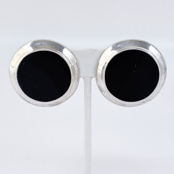 Vintage Mexico Sterling Silver 925 Black Resin Disc Earrings - Picture 2 of 8